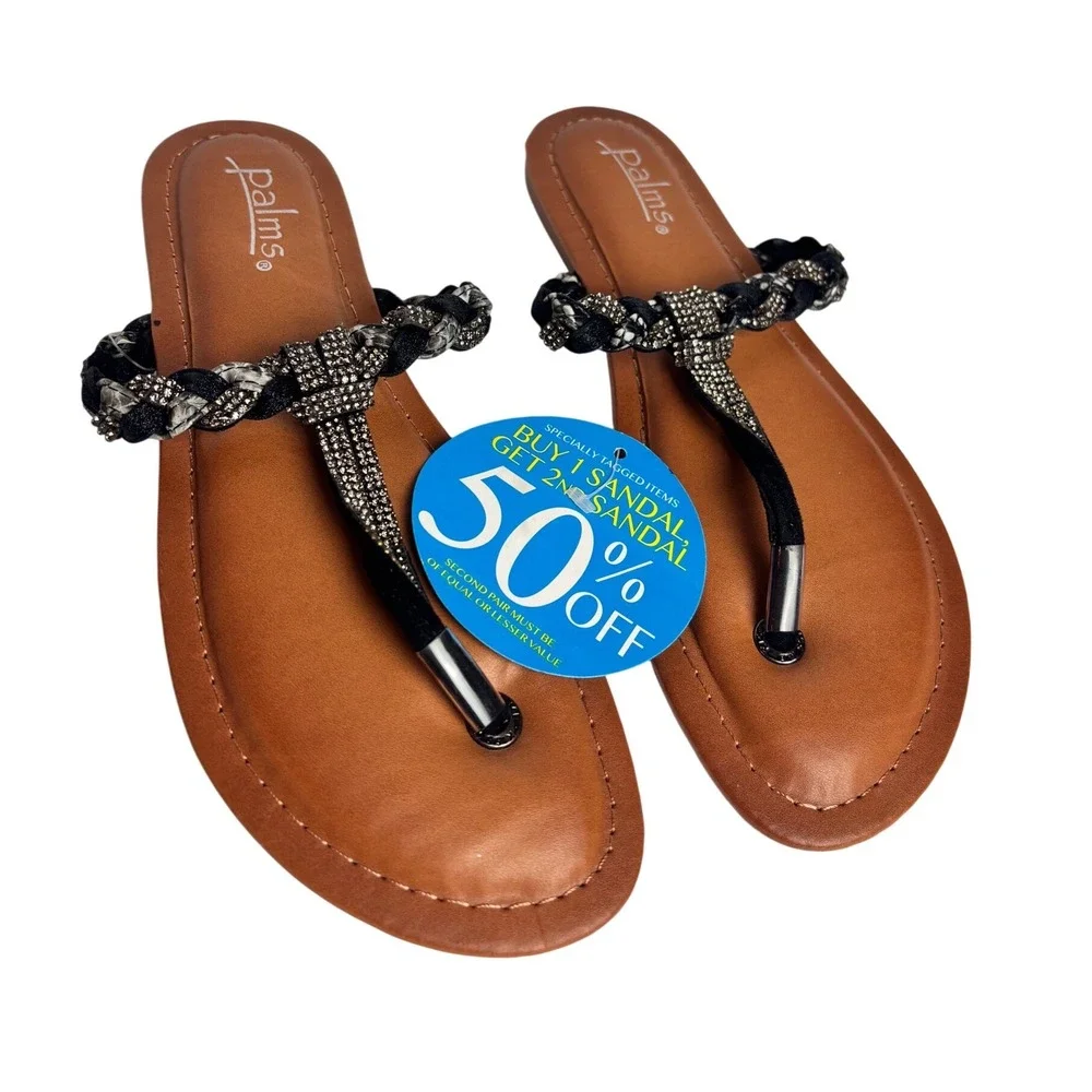 Palms Women Rhinestone T Strap Sandals Black Tan Memory Foam Flat 8 whimsy goth